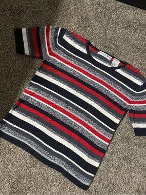 Sporty Stripe Short-Sleeve Sweater - Navy, Red & White
